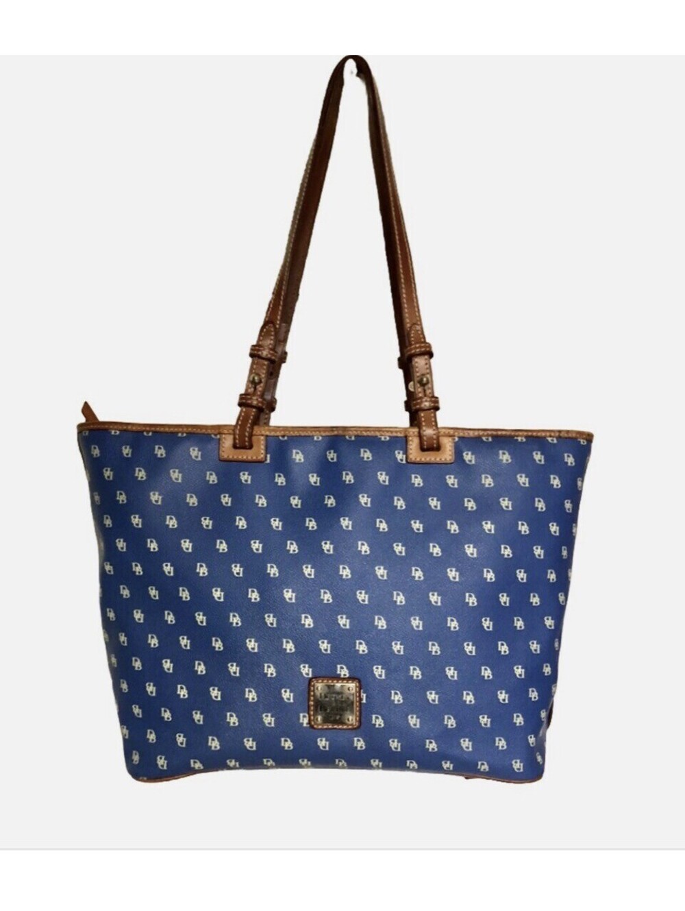 Dooney & Bourke Sky Blue Leather DB Printed Double Handle/Strap Tote Bag Large